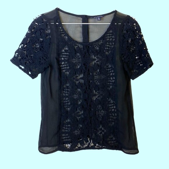 American Eagle Outfitters Black Sheer Lace Short Sleeved Top Size Small - Picture 1 of 5